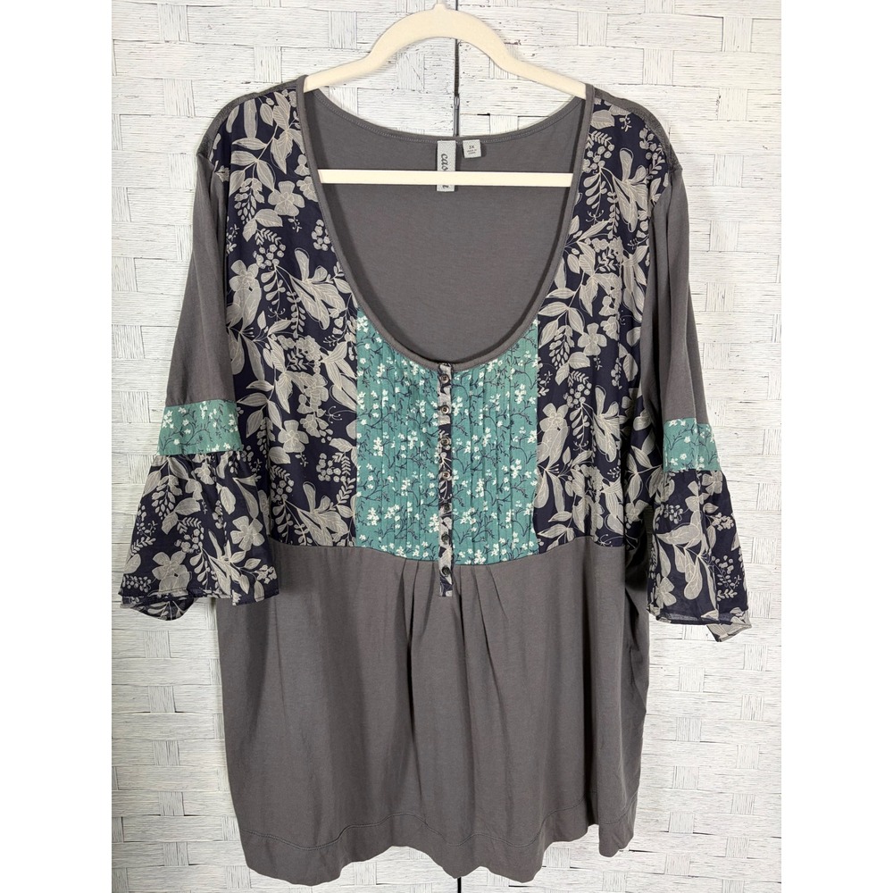 Caslon Womens Blouse patchwork Floral Bell Sleeve Button Scoop Neck as